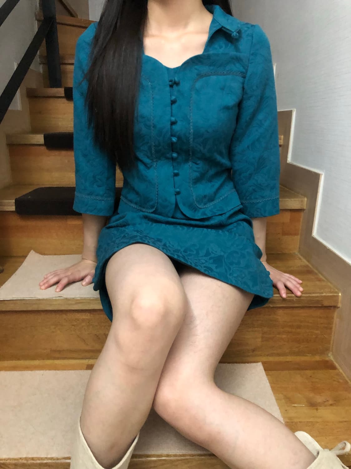 빈티지 청록 오리엔탈 자카드 원피스 상품이미지1