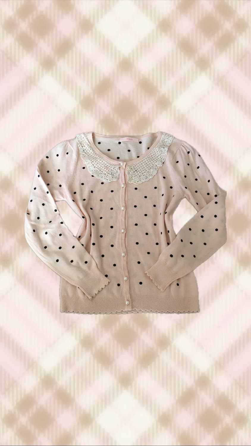 핑크 땡땡이 도트 레이스 진주 가디건 라떼 히메 갸루 러블리 로걀 빈티지 상품이미지1