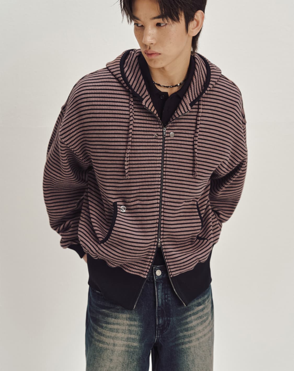 세컨모놀로그 스트라이프 와플 니트 후드 집업 상품이미지8