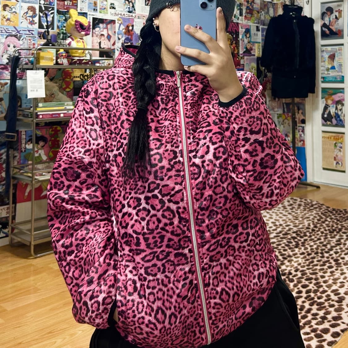 JPN 갸루 핑크 호피 후드 누빔 바람막이 상품이미지1