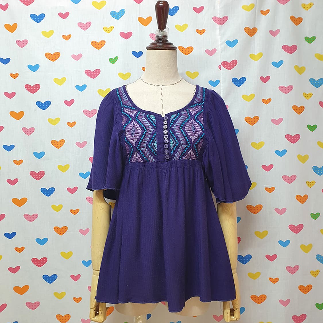 자라 퍼플 헤링본 패턴 자수 버튼 퍼프 와이드 플레어 반팔 셔츠 블라우스 상품이미지2