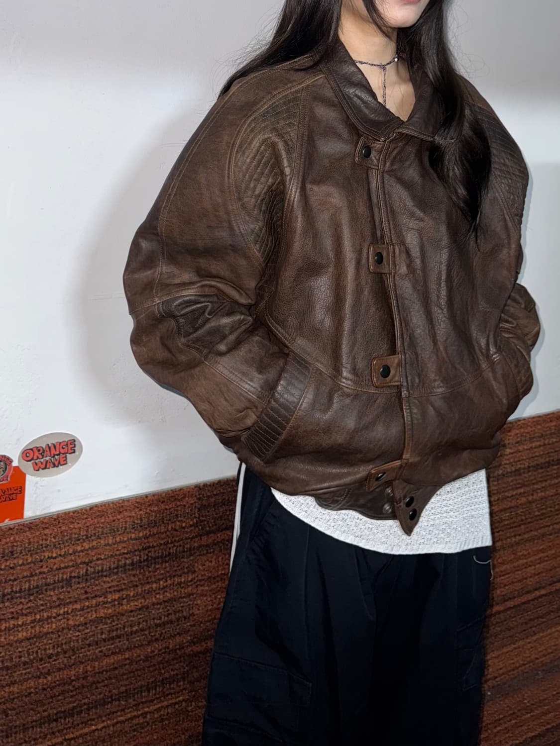빈티지 스냅버튼 레더 봄버자켓 상품이미지7