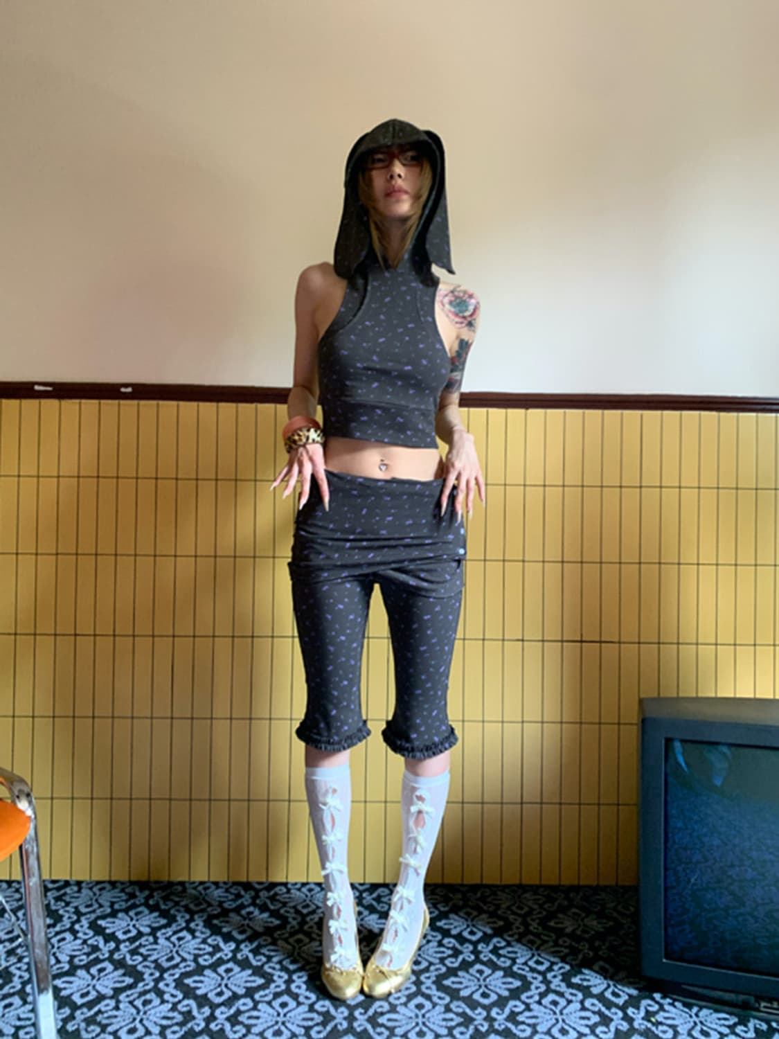 FOURFORTY 도트 레이어드 스커트 크롭 팬츠 상품이미지1