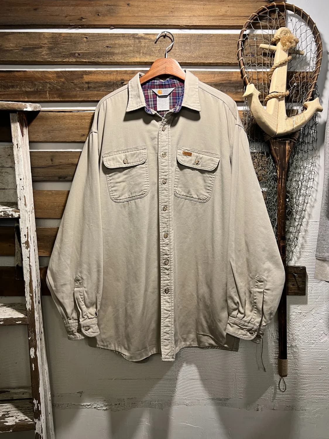 [2XL]90's 칼하트 USA 2포켓 체크 라이닝 아이보리 워크 셔츠 상품이미지1