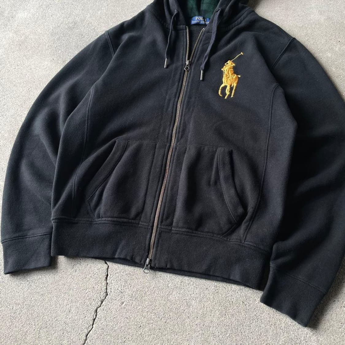 폴로 랄프 로렌 빅포니 골드 자수 체크 안감 투웨이 후드집업 블랙 상품이미지3