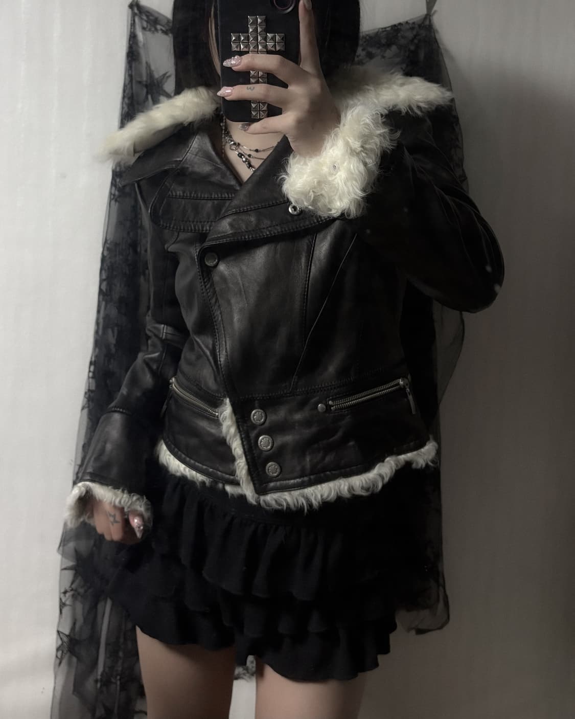 펑크 y2k 퍼 포인트 소가죽 자켓  상품이미지1