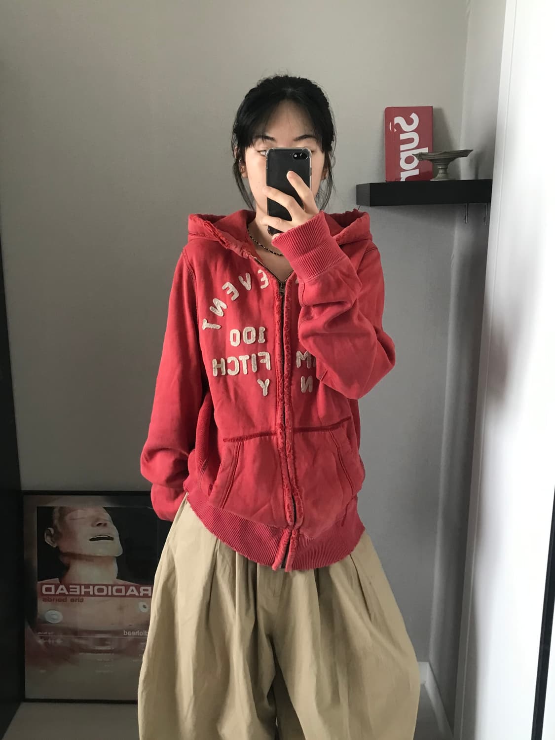 아베크롬비 자수 로고 다홍 헤비 후드집업 상품이미지2