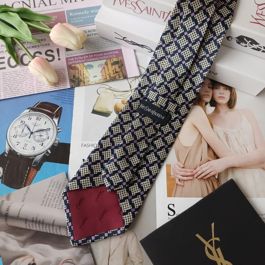 YVES SAINT LAURENT 입생로랑 실크 네이비 기하 패턴 넥타이 상품이미지4
