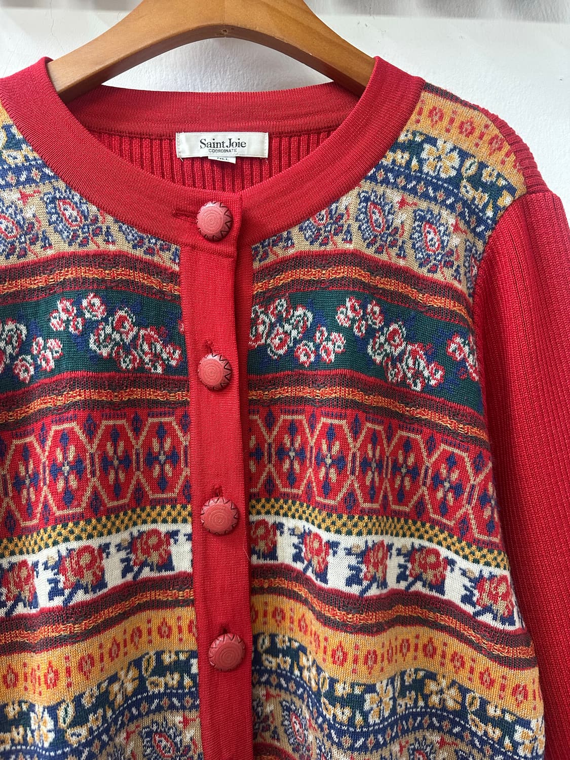 일본빈티지 울100% 페어아일 패턴 커버드 버튼 니트 가디건 상품이미지2