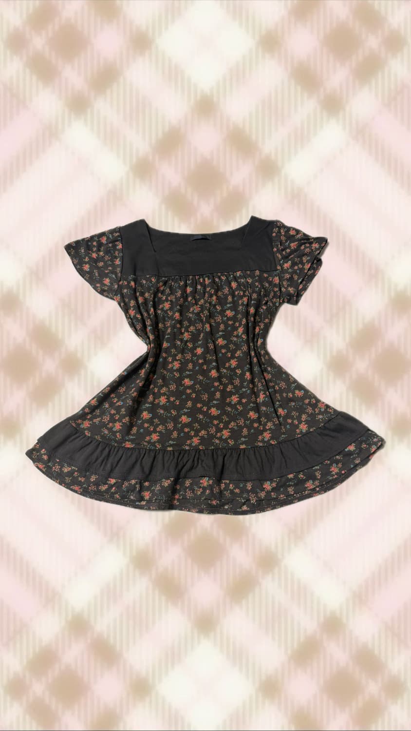 브라운 플로럴 반팔 탑 니트 블라우스 라떼 히메 카지 갸루 러블리 로걀 상품이미지1