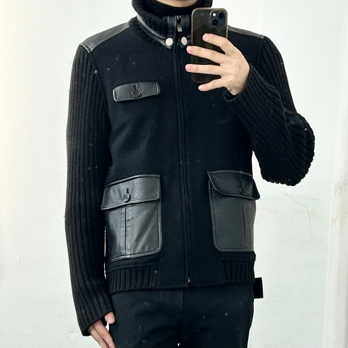 Hombruno 옴브루노 레더 패널 니트 집업 자켓 상품이미지2