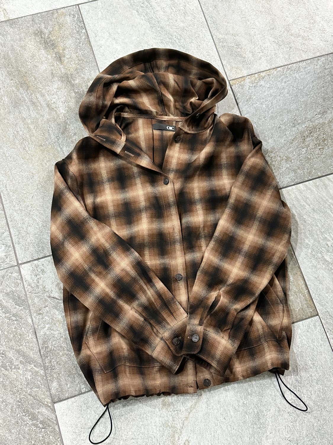 오아이오아이 체크 오버핏 후드 셔츠 브라운 S 상품이미지2