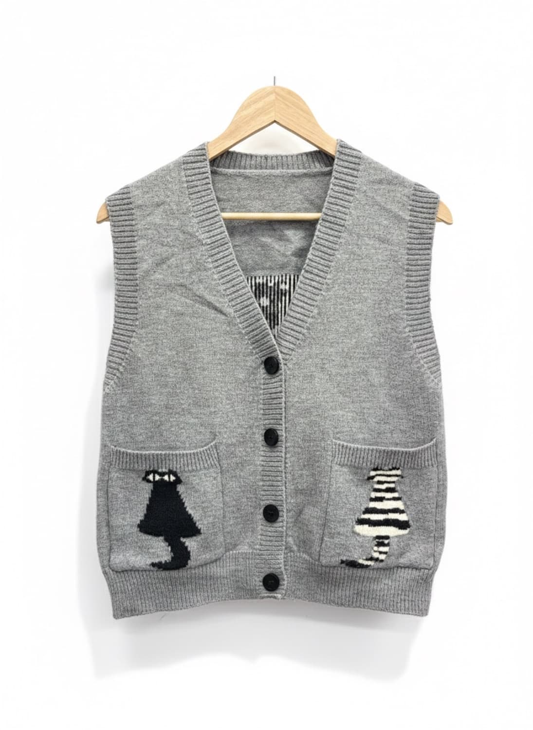 고양이 자수 니트 조끼 (그레이) 상품이미지1