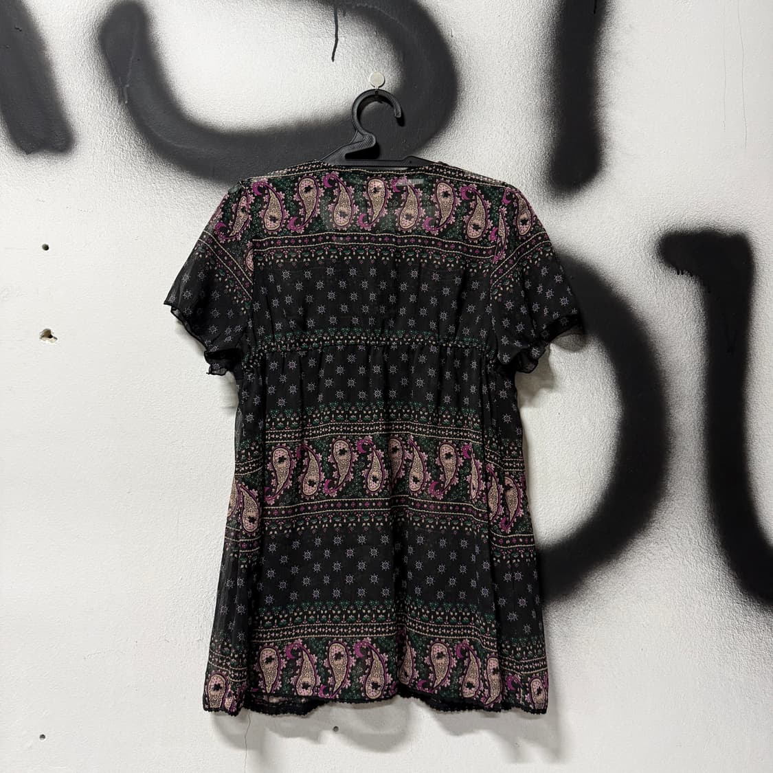 VTG 빈티지 블랙 모리 패턴 시스루 롱 반팔 블라우스 상품이미지2