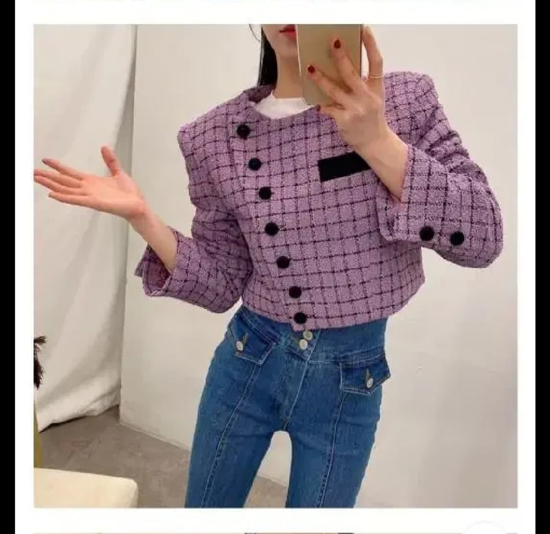 에이블리 사선버튼트위드자켓간절기가을겨울코트루즈핏크롭배색체크가디건라이더 상품이미지5