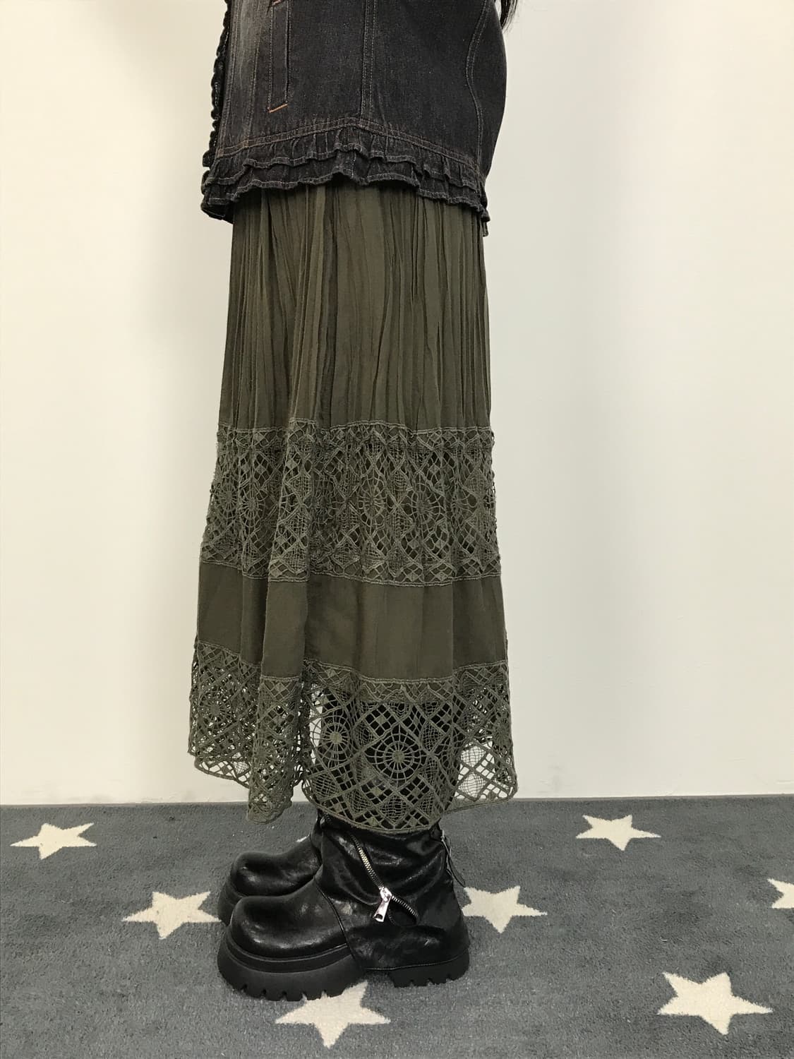 Jpn Olive Green Pleated Lace Maxi Skirt 상품이미지2