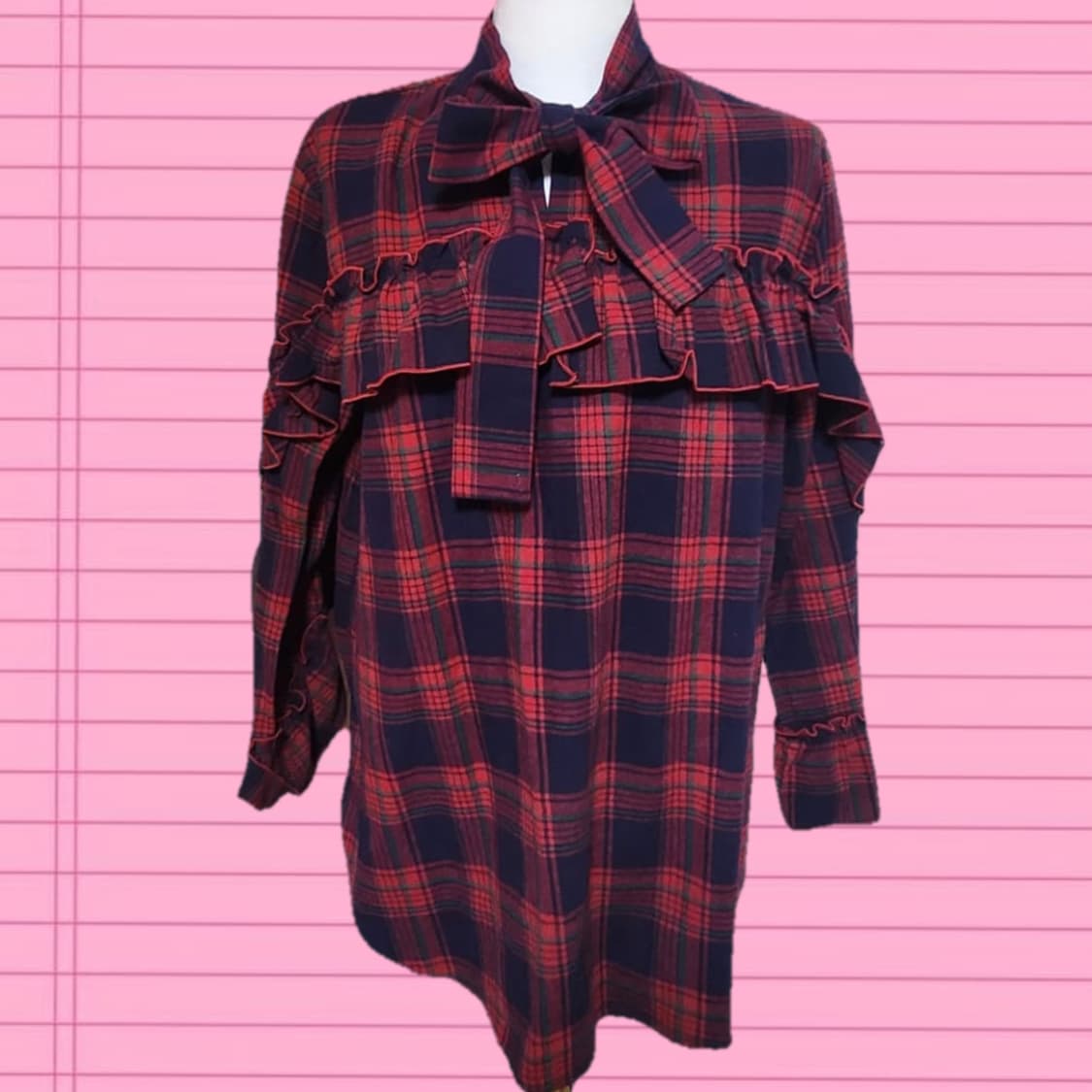 빈티지 타탄체크 왕리본 프릴 블라우스 상품이미지1