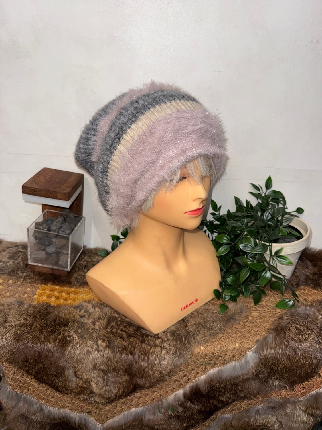 Pink gray glitter stripe loose beanie  상품이미지4