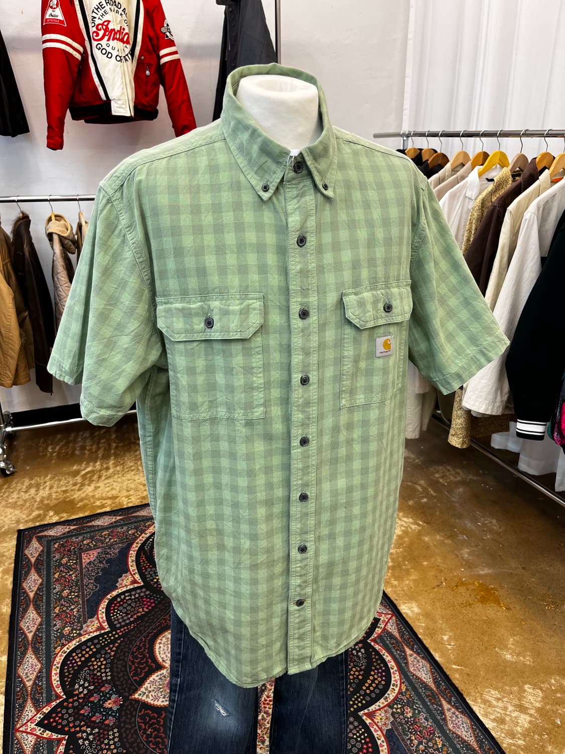 칼하트 더블 포켓 체크 반팔 셔츠 그린 상품이미지1