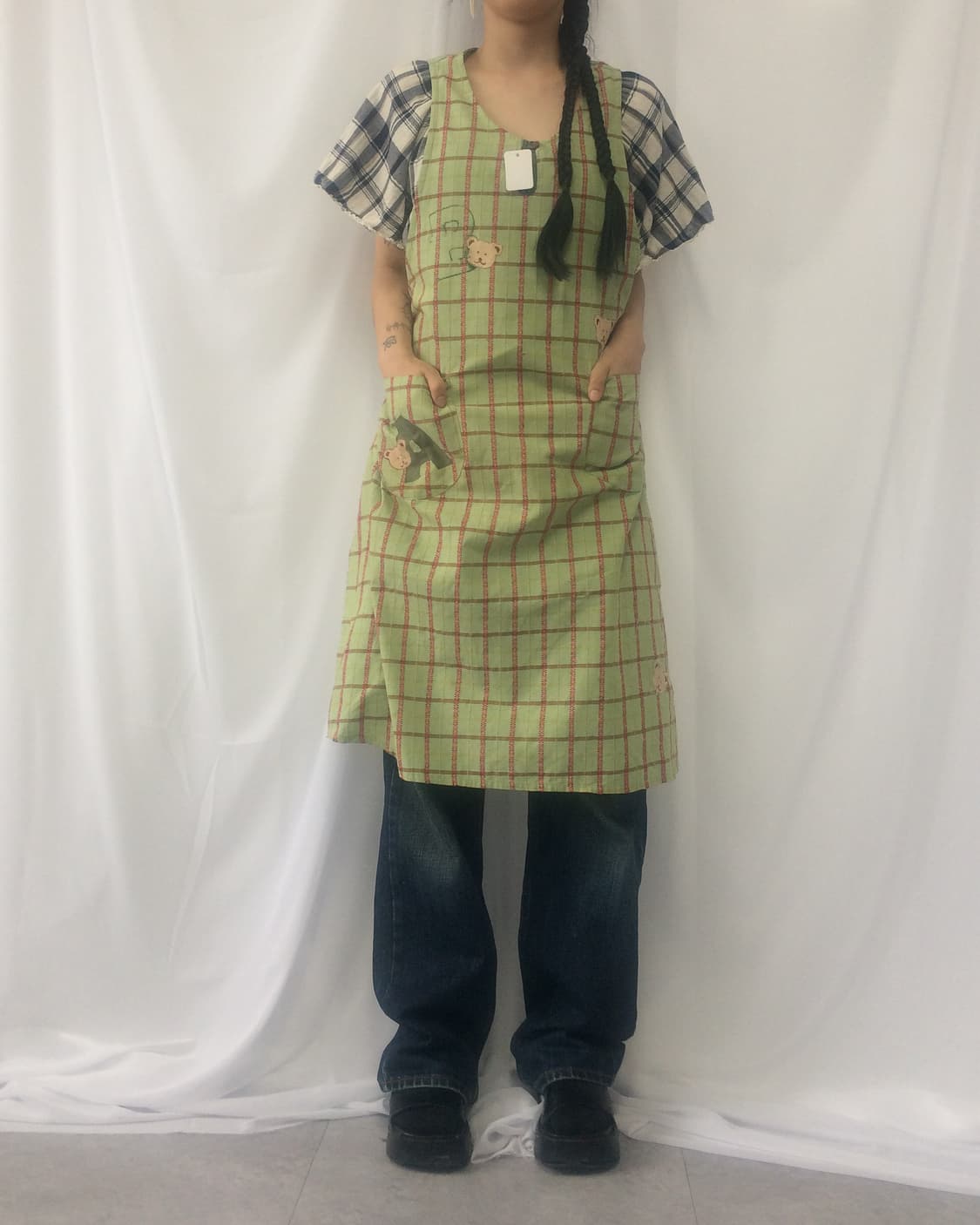 Bear check pattern apron 상품이미지1