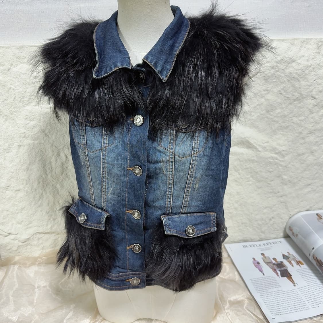 빈티지 이타리아 브랜드 라쿤퍼 데님 조끼 베스트 상품이미지2