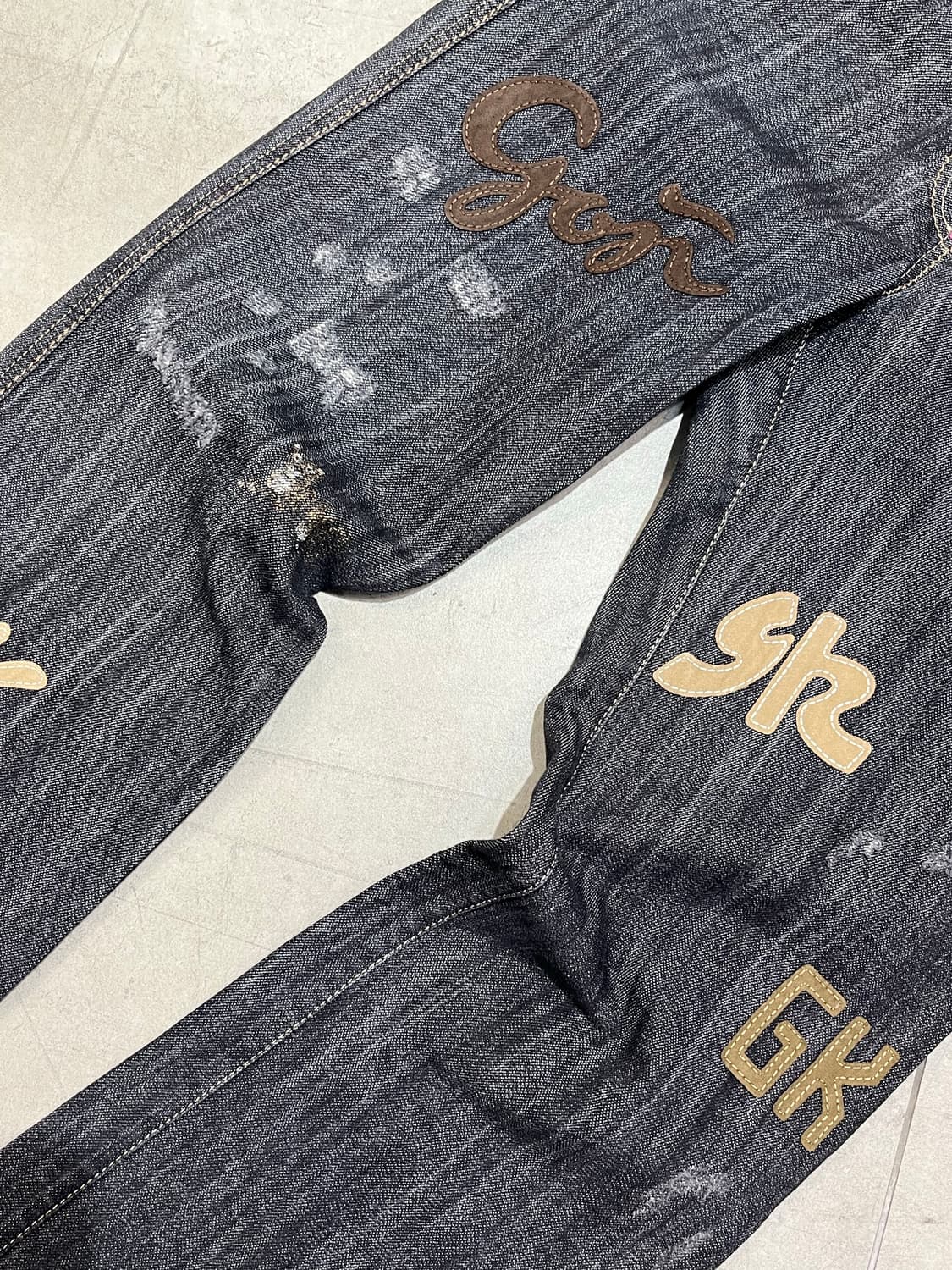 일본 빈티지 모리걸 고양이 레터링 패치 와이드 데님 팬츠  상품이미지3