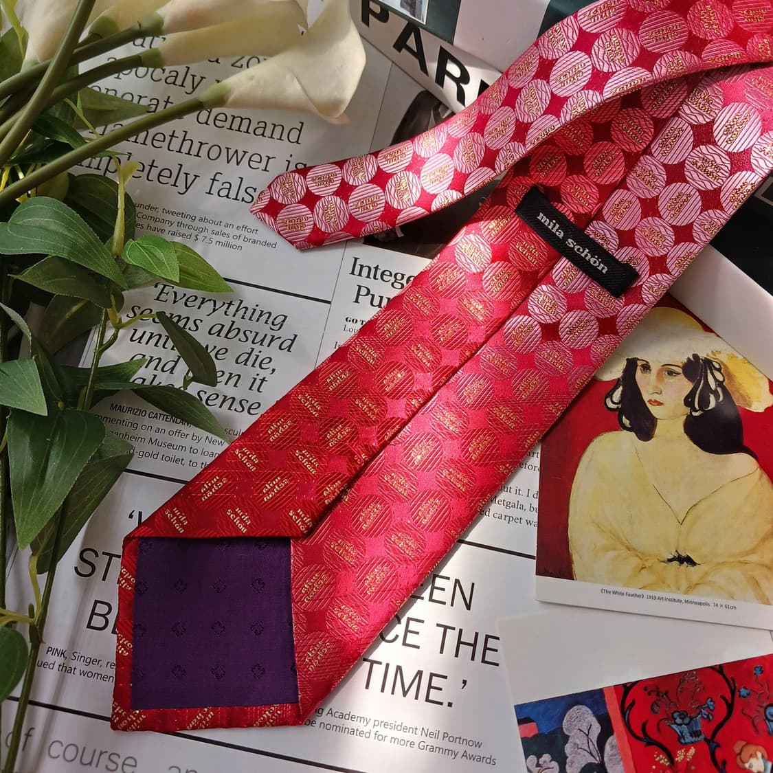 밀라숀 실크 레드 로고 패턴 넥타이 9cm S~A+등급 E813 상품이미지5