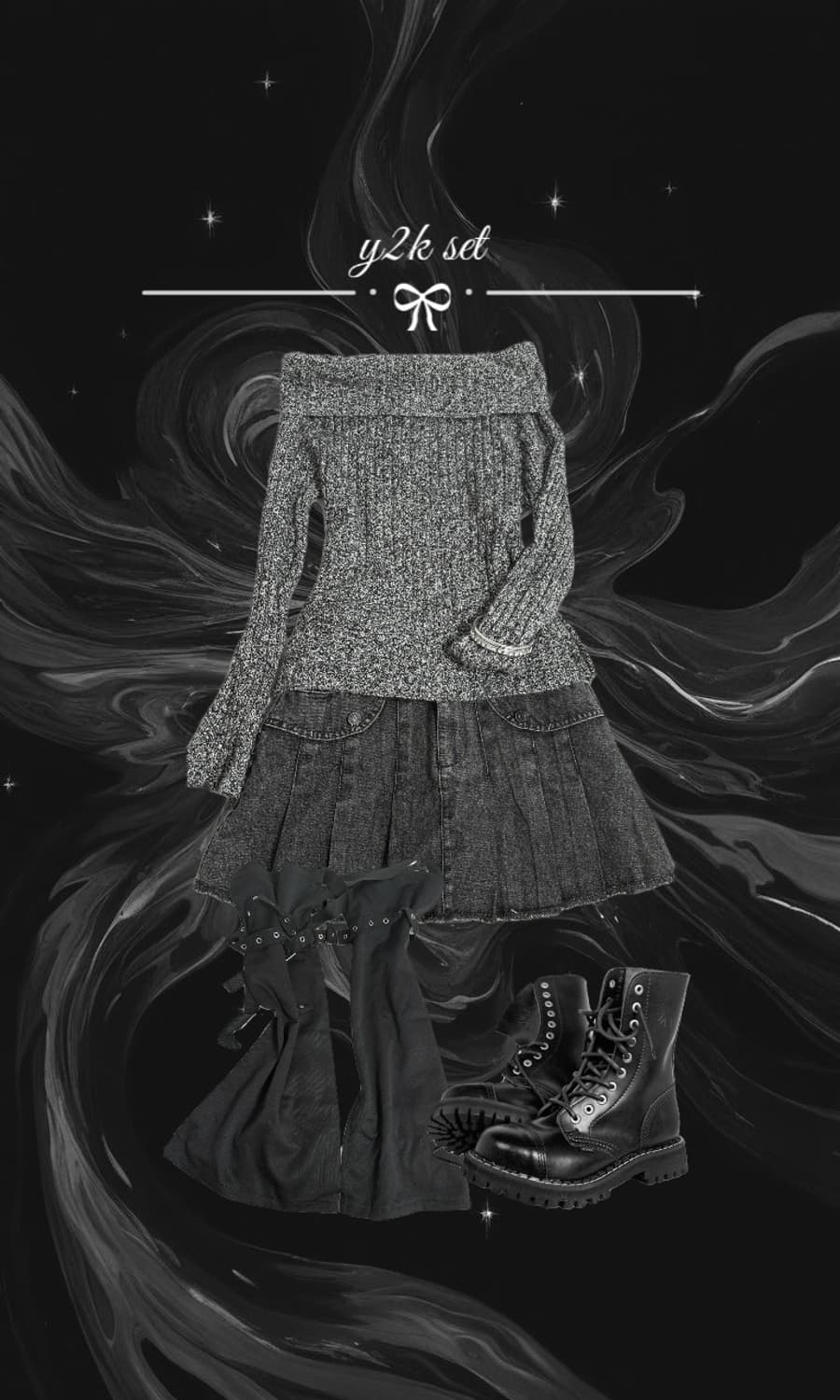 black y2k set 와이투케이 블랙 오픈숄더 니트 코디 세트 상품이미지1