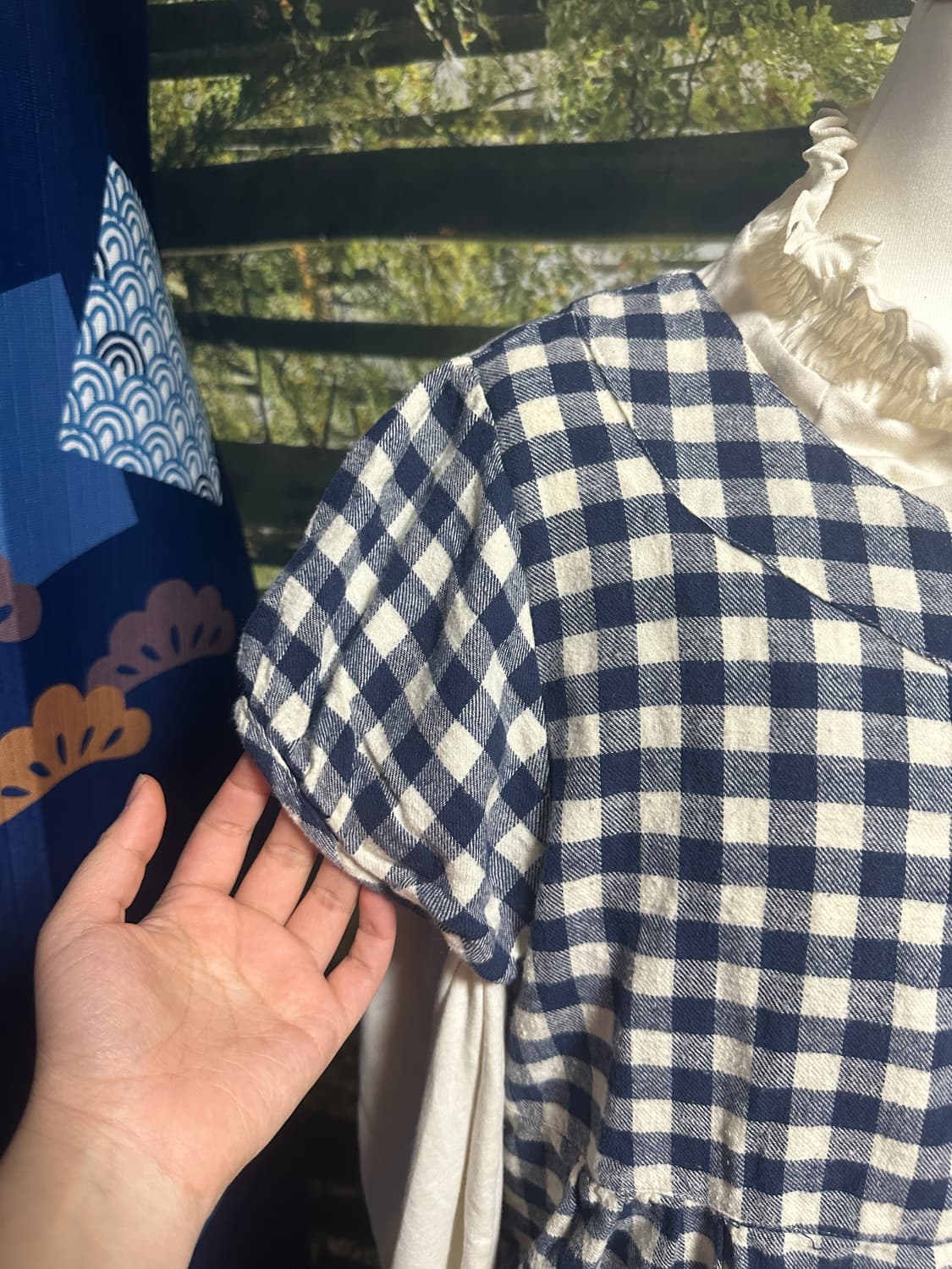 빈티지 네이비 바선생 퍼프 소매 우드 단추 튜닉 원피스 상품이미지4