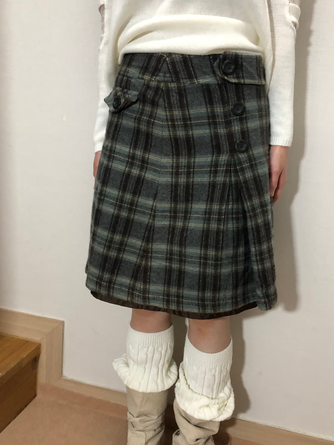 빈티지 그린 체크 울 미디 스커트 상품이미지3
