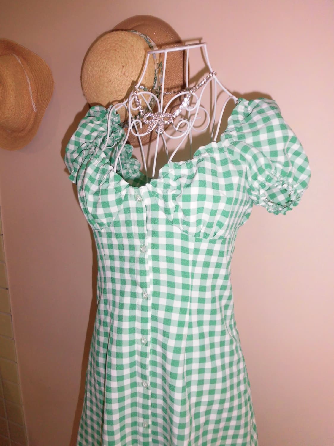 H&M 체크 그린 퍼프 미니 원피스 상품이미지1