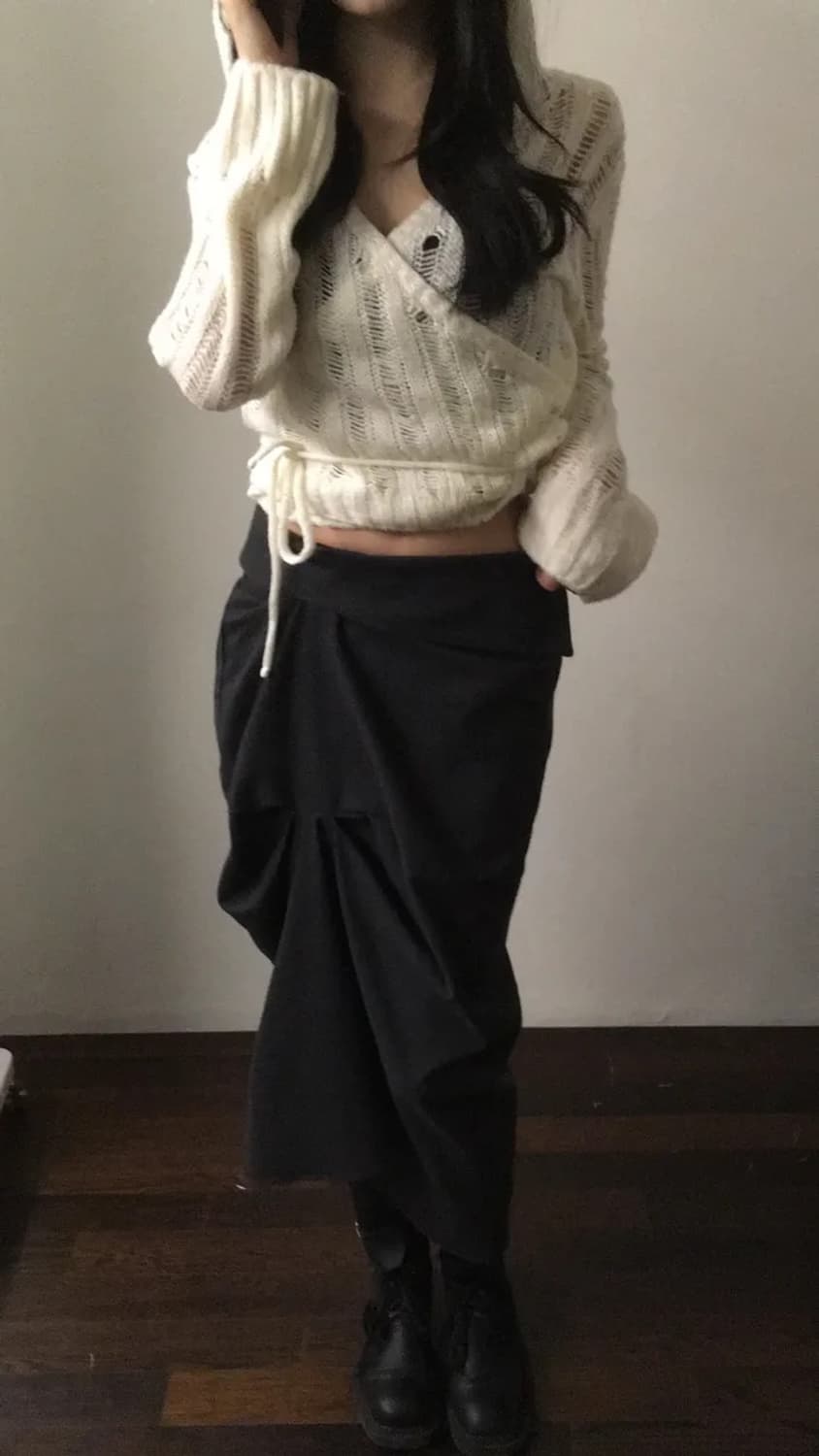 새상품) 후드 랩 펀칭 여리 니트 상품이미지1