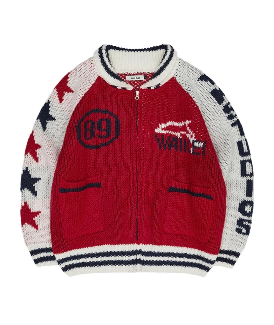 [새제품] 와이케이 waikei 돌핀 스타 로고 집업 헤비 가디건 레드 상품이미지1