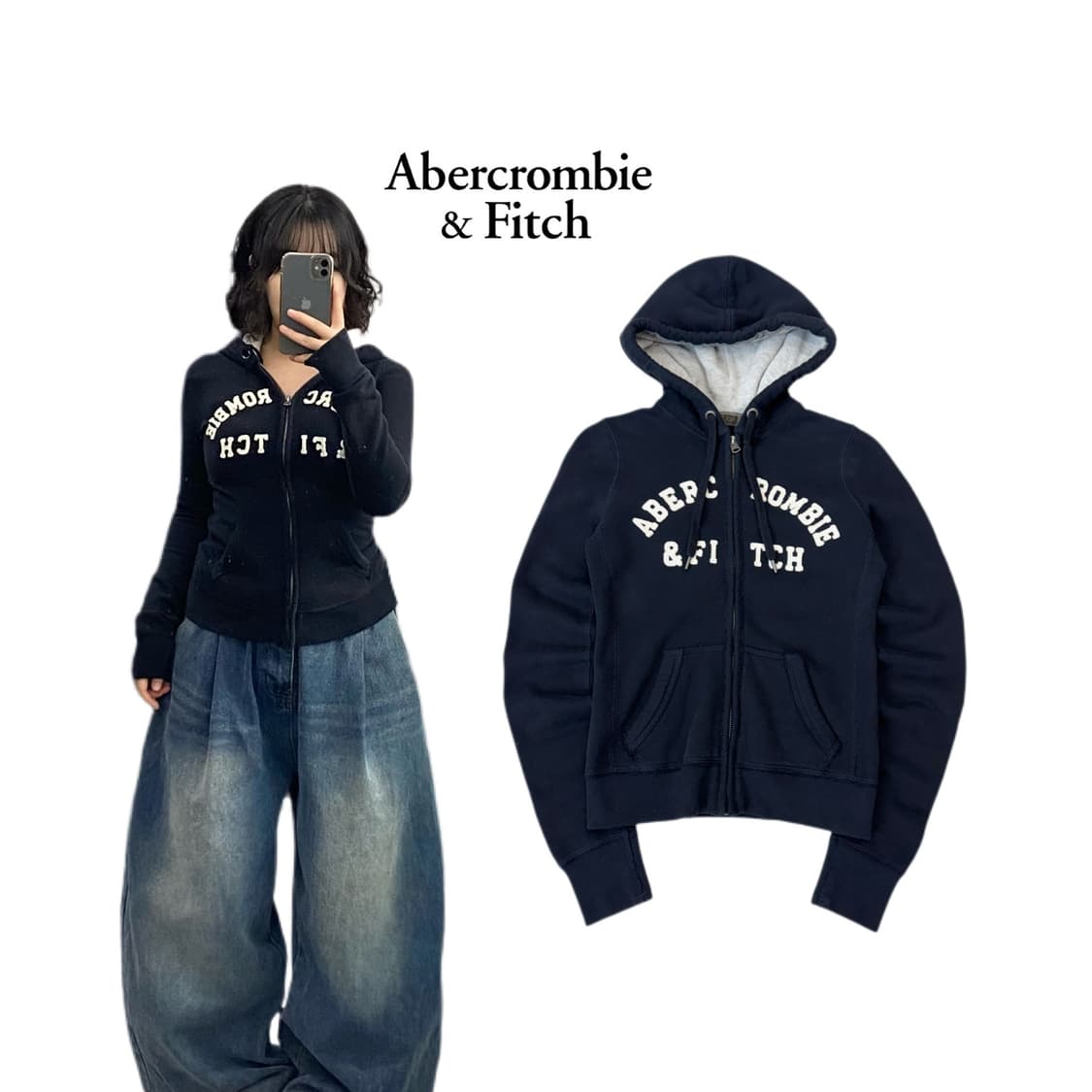 아베크롬비 Y2K 딱붙 아치로고 후드집업 블랙 상품이미지1