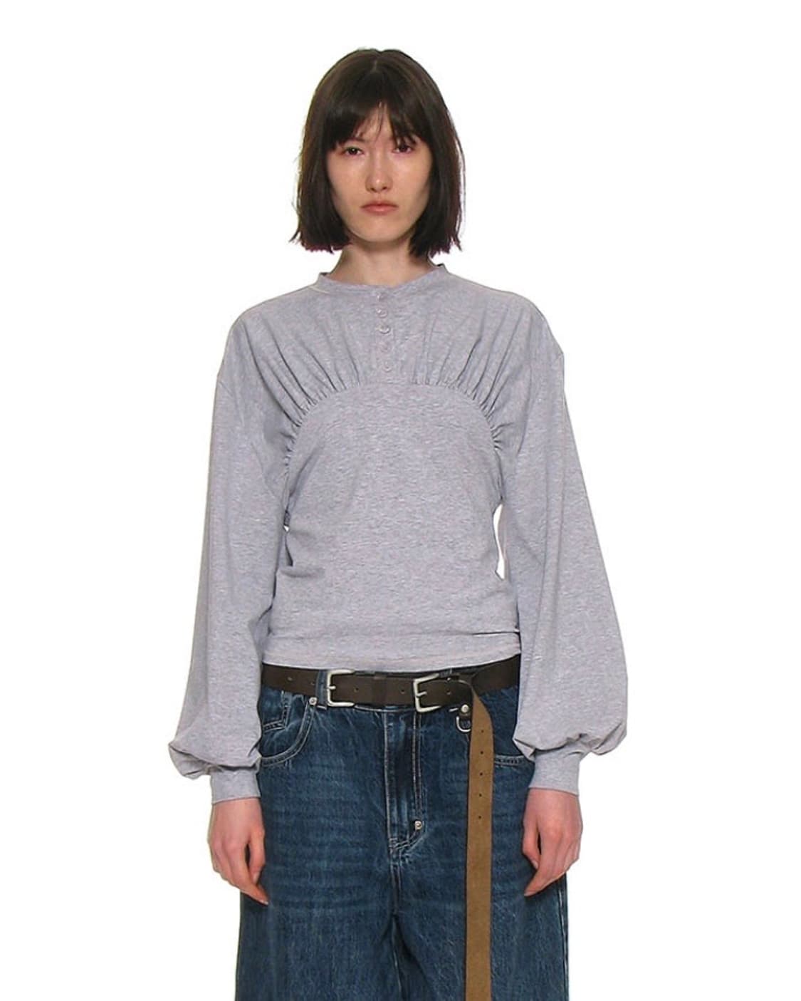 shirring henley neck long sleeve melange 상품이미지1