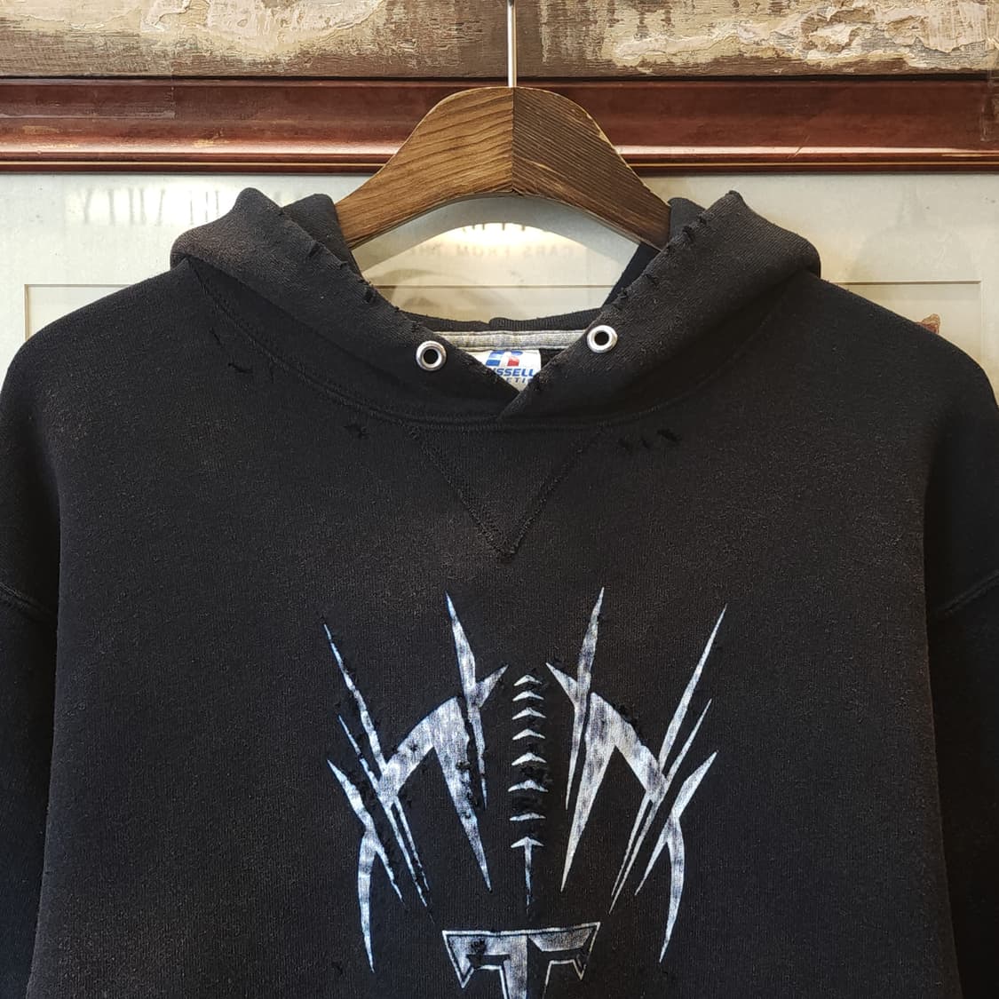 90s 러셀 후드 빈티지 스웻셔츠 썬페이딩 블랙 프린팅 M 상품이미지4