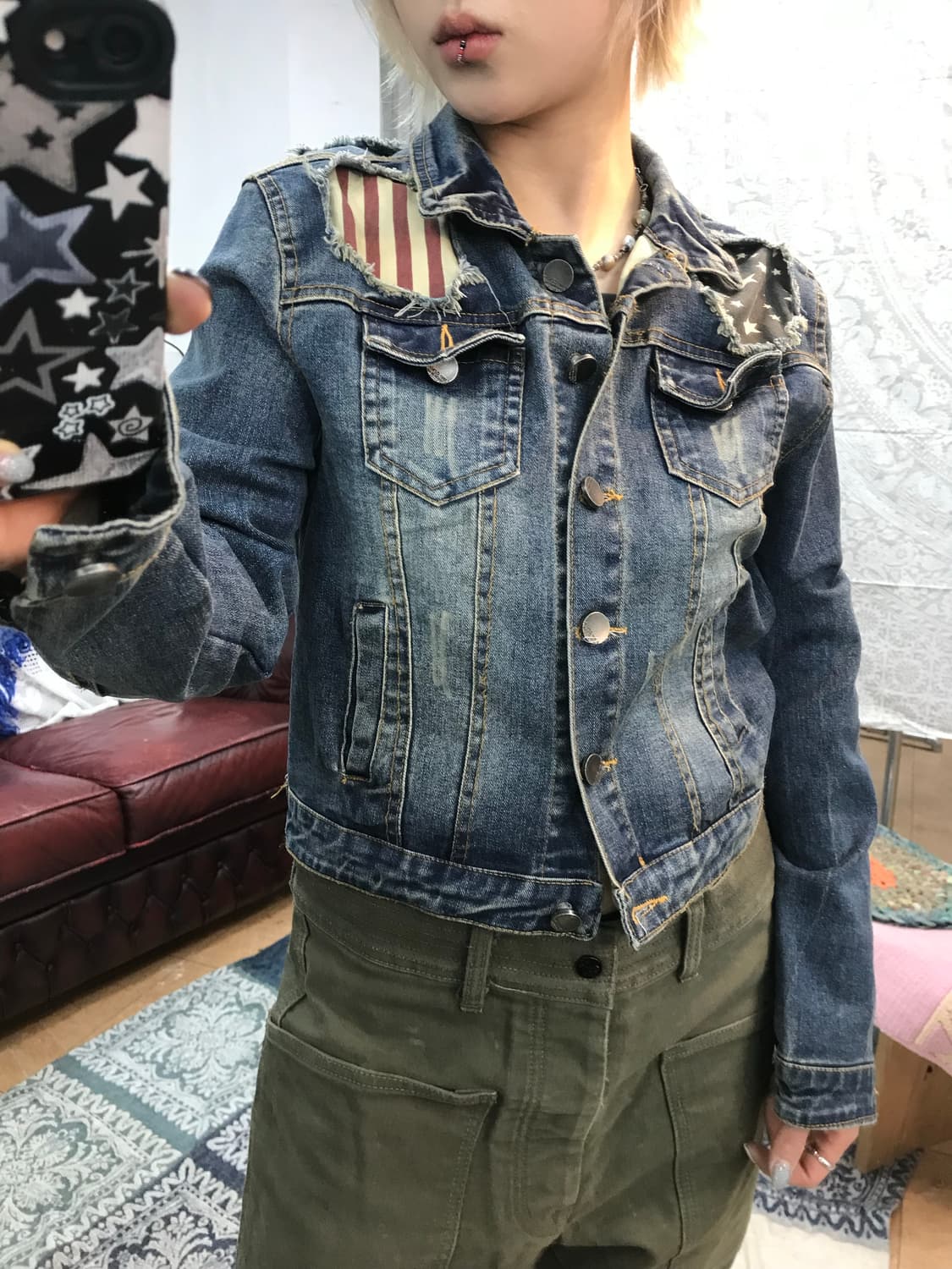 빈티지 성조기 디테일 데님 트러커 자켓  상품이미지1