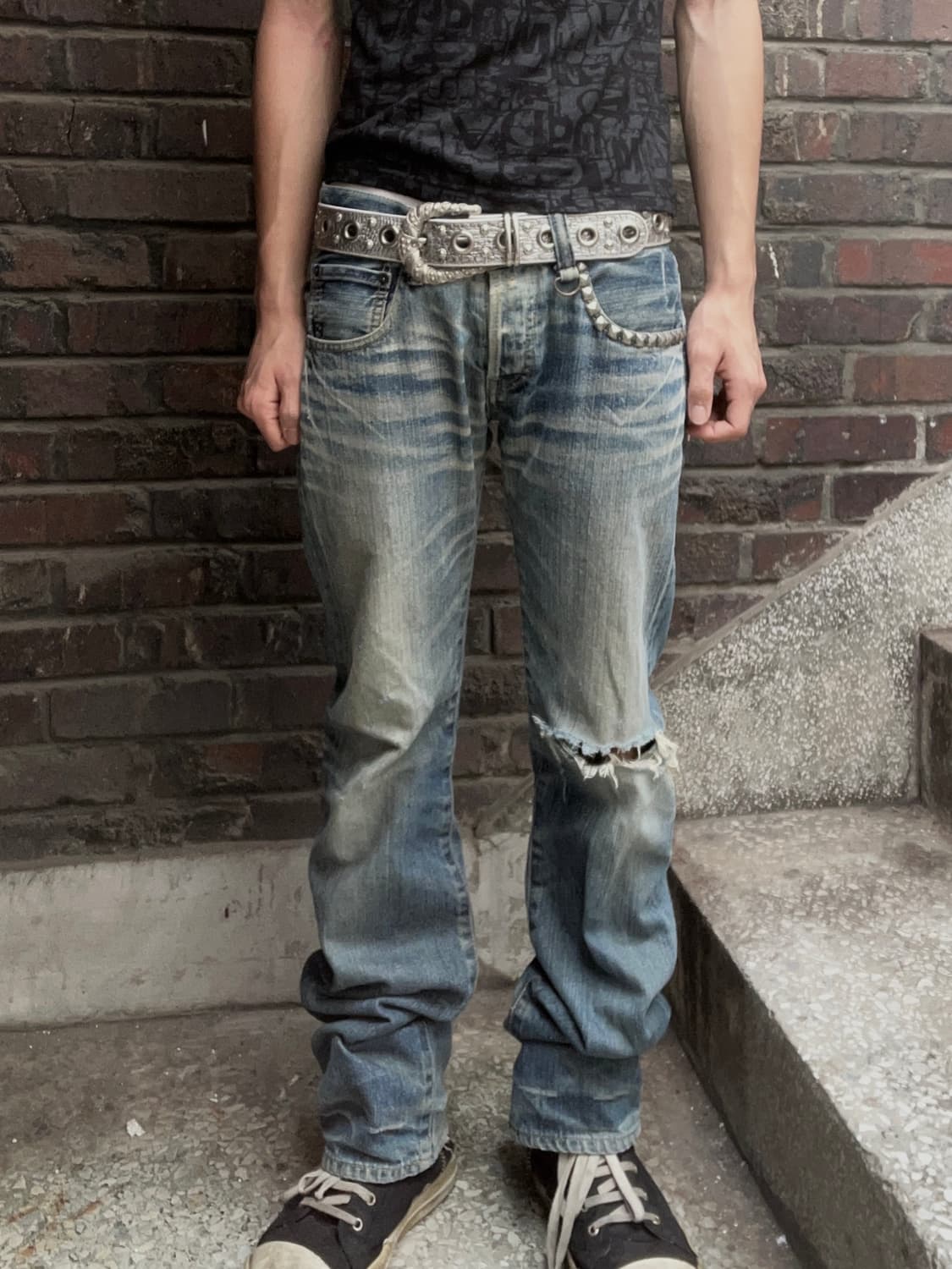 *rare* 00s Buffalo bobs 더티 워싱 크랙 스터드 데님팬 상품이미지3