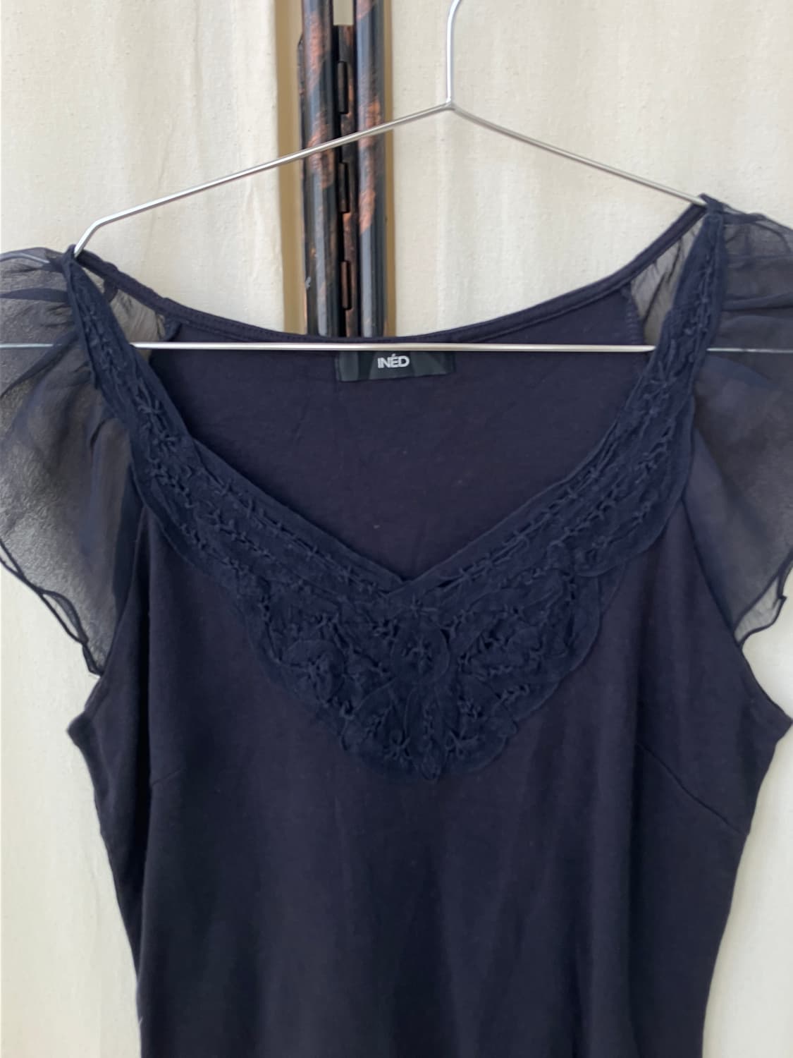 navy crochet shoulder sheer blouse 상품이미지5