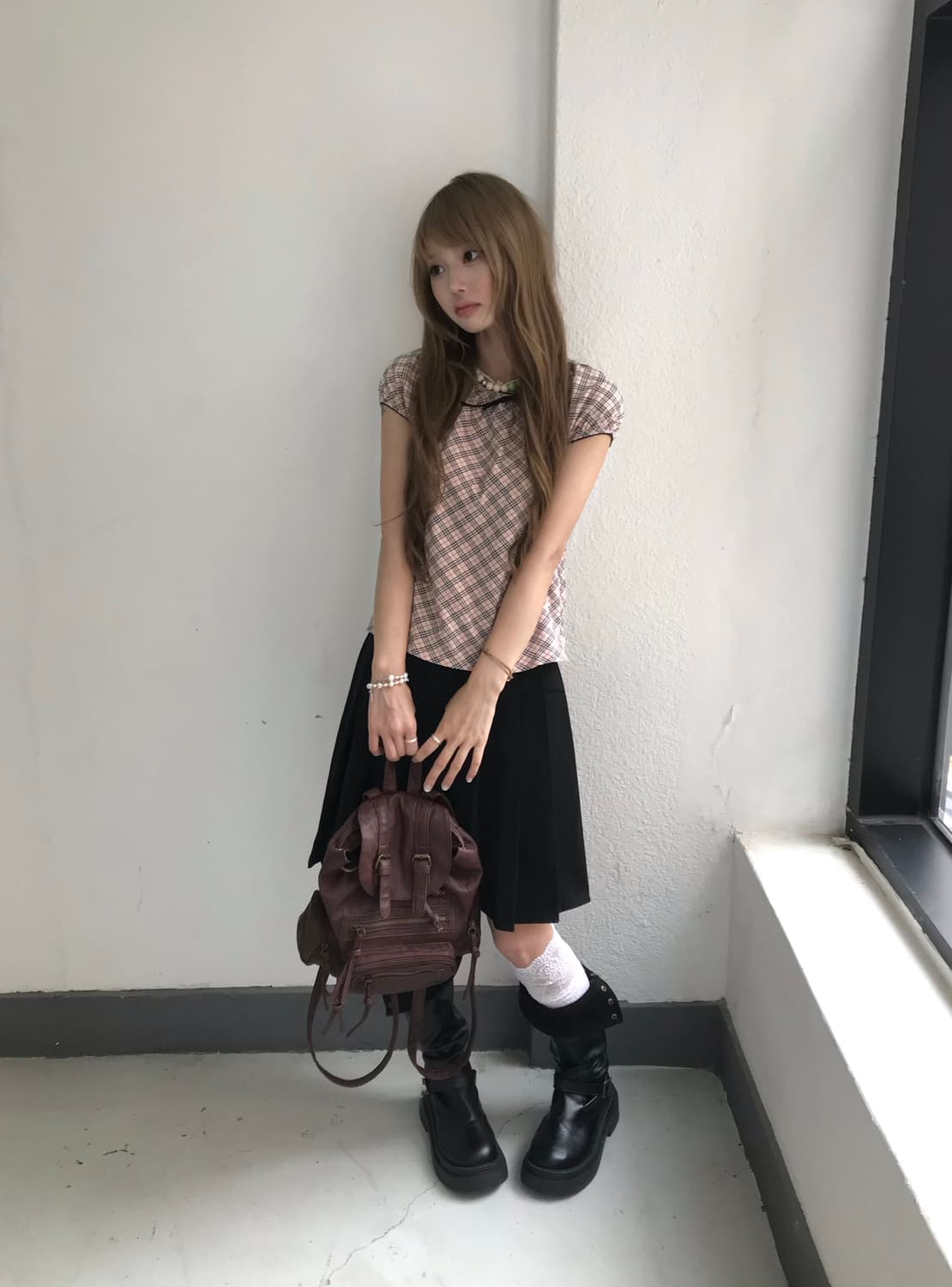 버버리 핑크 체크 퍼프 데일리 프레피 코디세트 상품이미지3