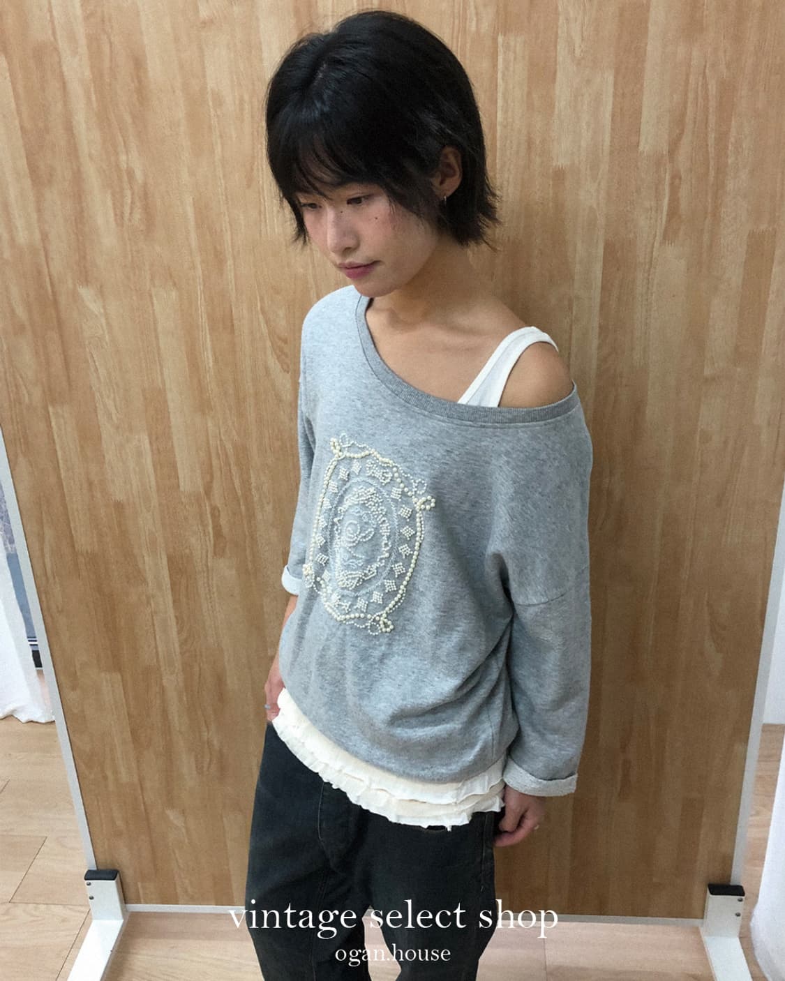 vintage beads sweatshirt + frill top set 상품이미지3