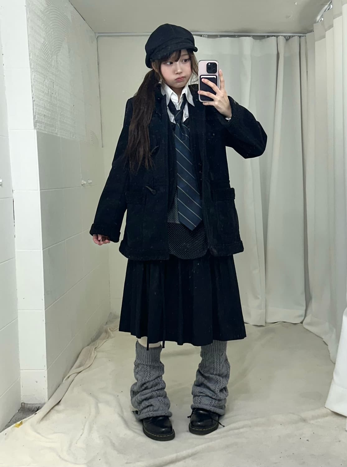 무채색 니혼진 프레피 무스탕 코트 코디세트 상품이미지1