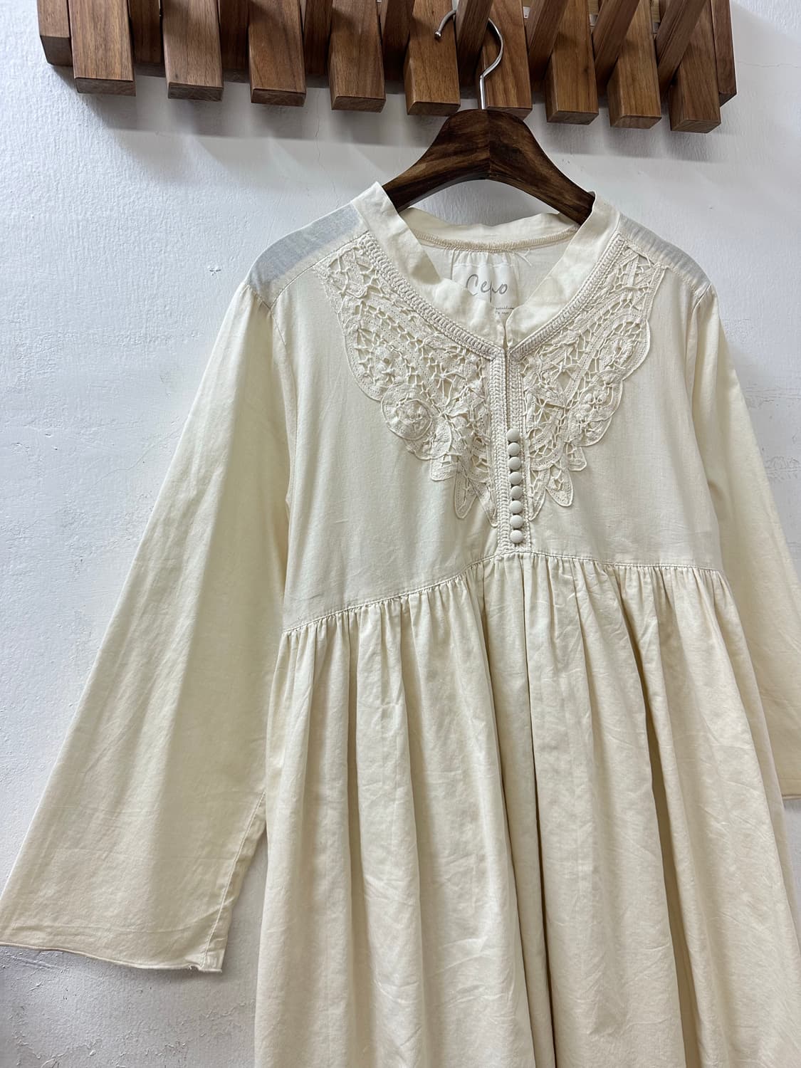 일본빈티지 Cepo 플라워 자수 모티브 요크 레이스 코튼 블라우스 원피스 상품이미지4