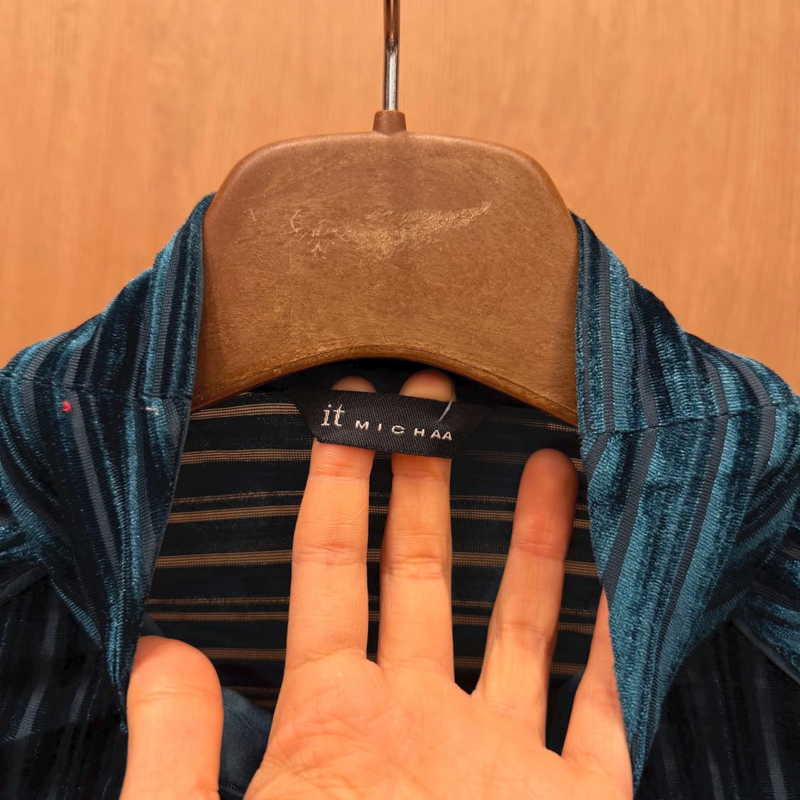 빈티지 하이넥 스트라이프 자켓 벨벳 어깨 견장 디테일 레귤러핏 그린 상품이미지7