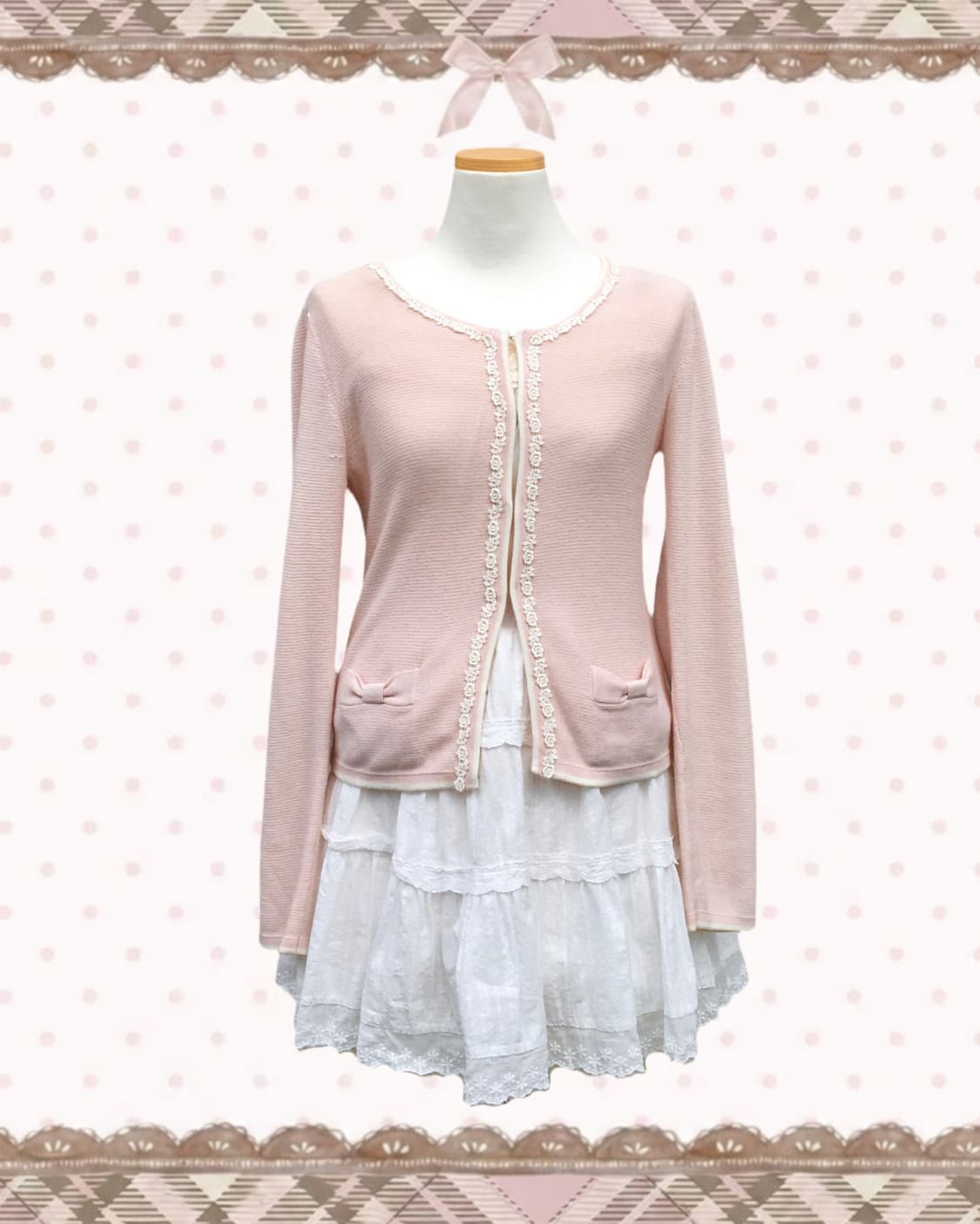 레스트로즈 리본 🎀 로즈 핑크 가디건 상품이미지1