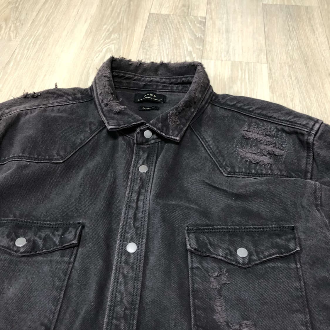 (XL) 자라 ZARA 디스트로이드 데님 웨스턴 셔츠 자라 데님셔츠 블랙 상품이미지5