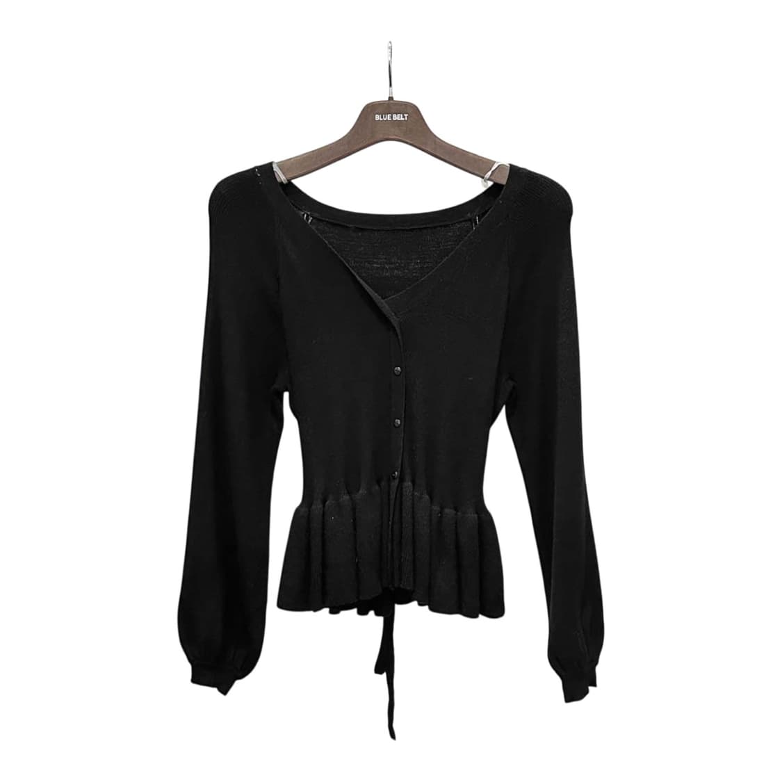 JPN VINTAGE 니트 가디건 브이넥 밑단 프릴 벨트 디테일 블랙 상품이미지1