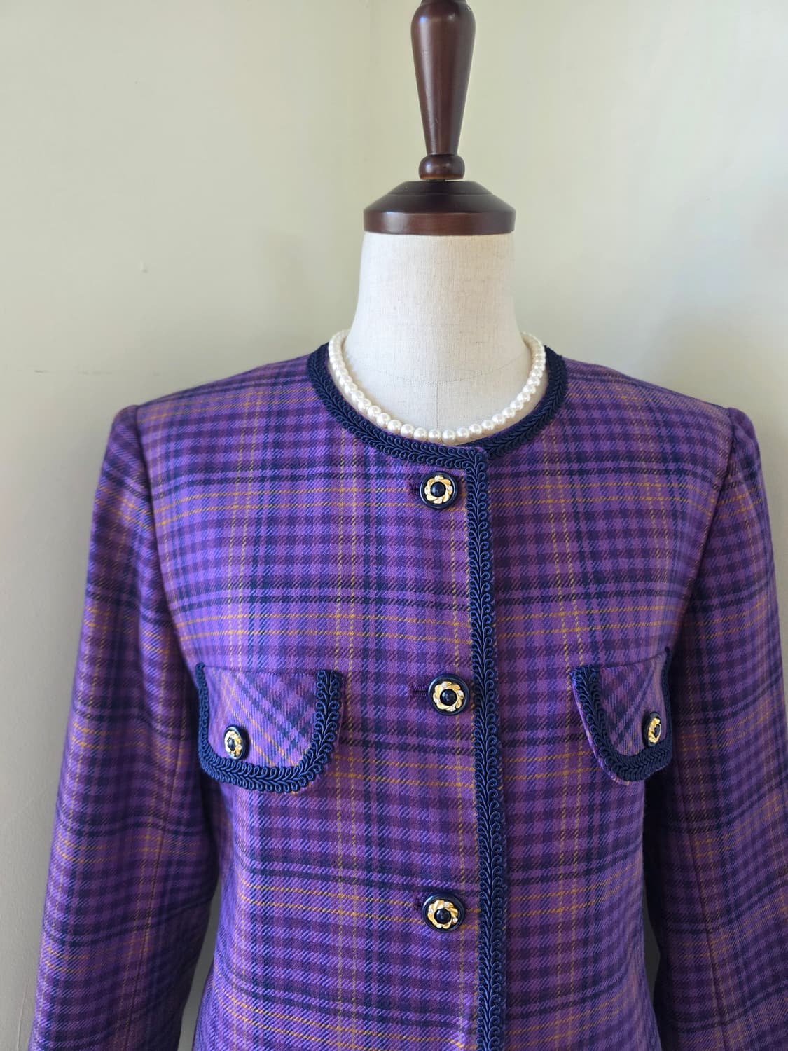 체크 패턴 레이스 테이핑 퍼플 자켓 상품이미지1