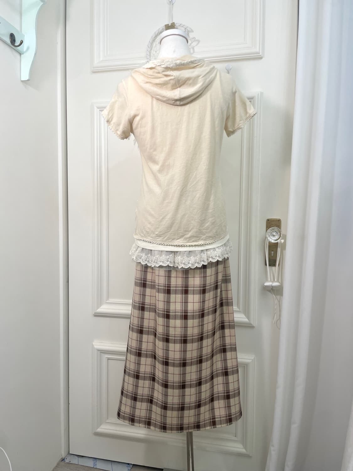 beige brown check button point long skir 상품이미지8