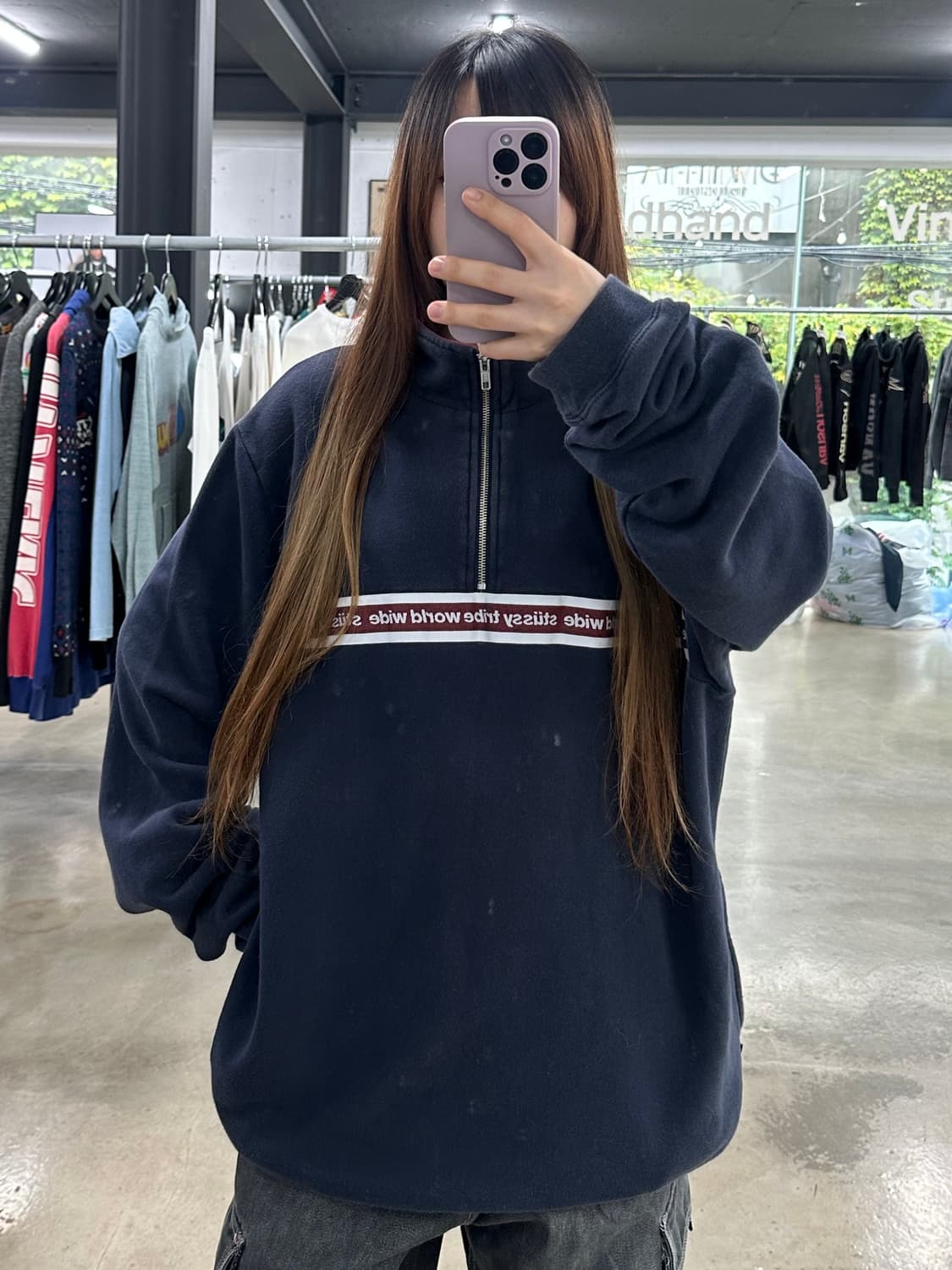 스투시 올드스쿨 트라이브워드 테이핑 반집업 버건디네이비 상품이미지3